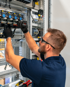 Commercial electrician inspecting an electrical panel for code violations in Centennial, CO